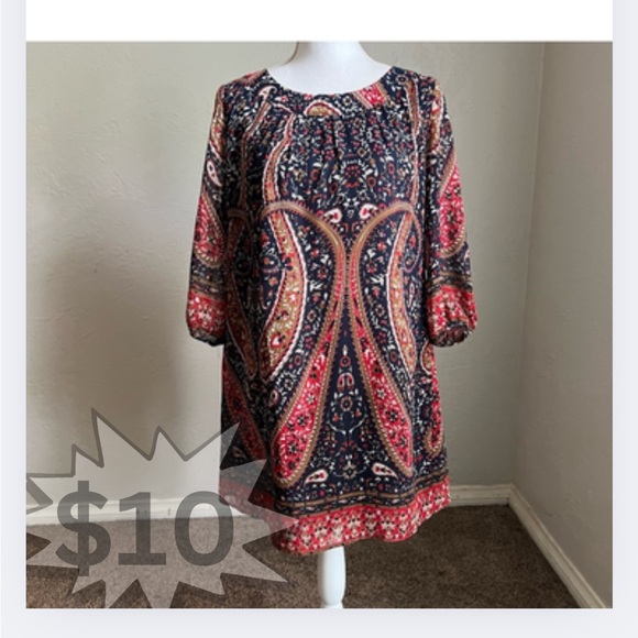 Skies are Blue Paisley Print Long Sleeve Shift Dress M Red Navy Gold - Picture 1 of 14